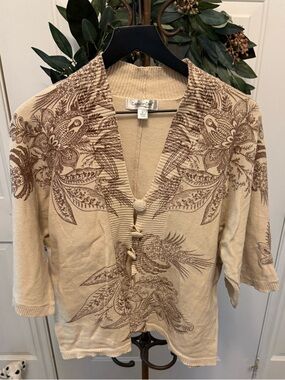 Coldwater Creek Placed Paisley Knit Cardigan Short Sleeves L